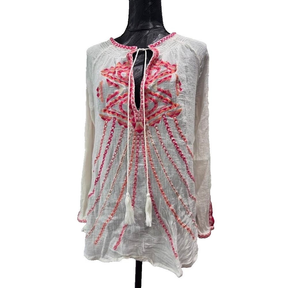 Sundance White Gauze Tunic Blouse Pink Sequins Embroidered Boho Top Sz M